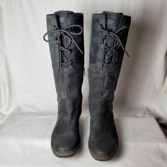 Ugg Elsa Black Knee High Leather Boots Size 8 - Picture 7 of 16